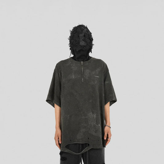 UNDERWATER Cross Paneled Ripped Zip-Up T-Shirt