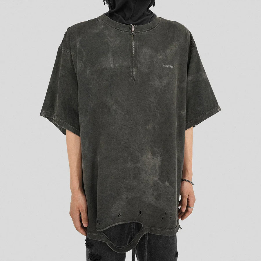 UNDERWATER Cross Paneled Ripped Zip-Up T-Shirt